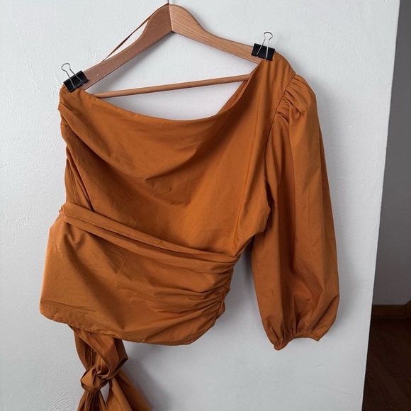 NWT Express one shoulder burt orange/rust cotton tie waist blouse Size XL - Picture 2 of 6